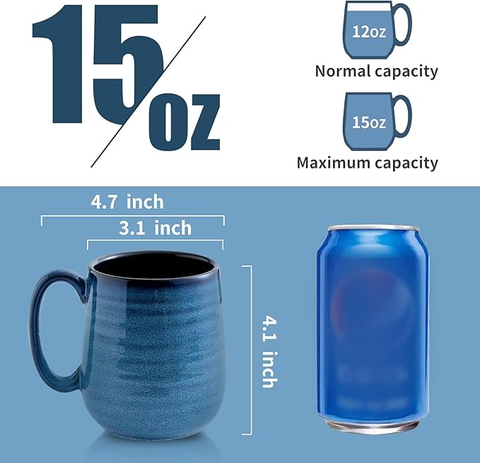 Navy Blue Modern Ceramic Coffee Mugs – Set of 4 | 12oz Non-Slip Handle | Lead-Free | Dishwasher & Microwave Safe | Coffee Gift Set