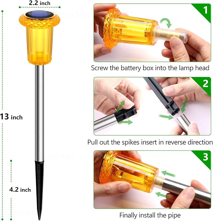 Orange solar stake light with clear lantern head, shown with size guide and install steps