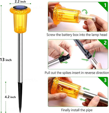 Orange solar stake light with clear lantern head, shown with size guide and install steps