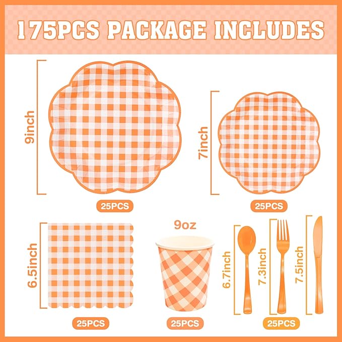 Orange and white gingham tableware pieces: round plates, cups, and cutlery (set)