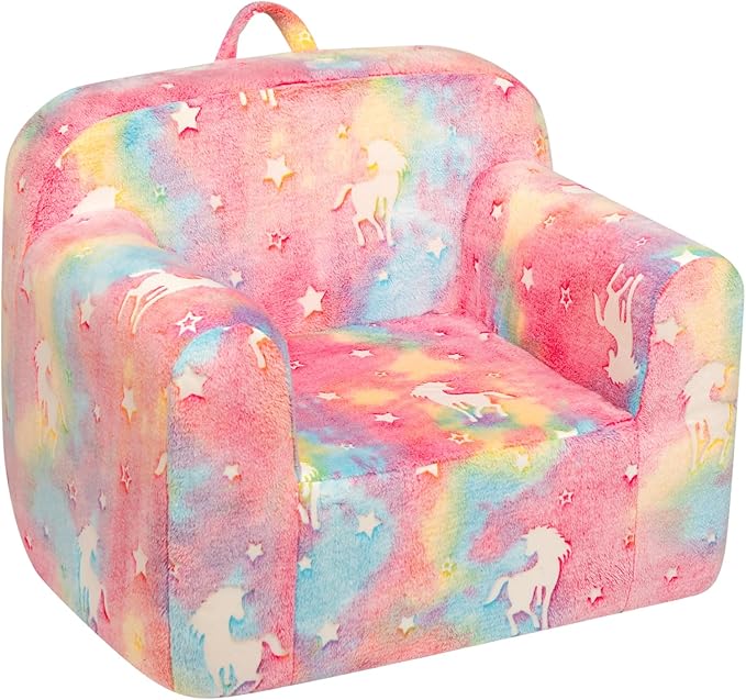 Kids sherpa reading chair, pastel pink with unicorns and stars, foam-filled
