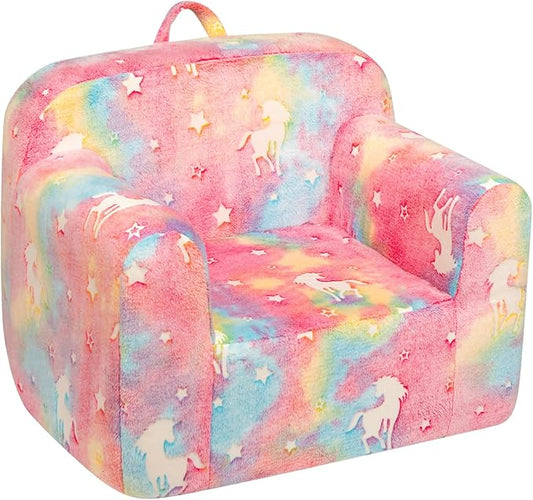 Kids sherpa reading chair, pastel pink with unicorns and stars, foam-filled