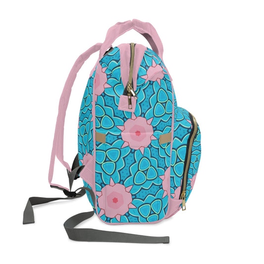 Aqua & Pink Lotus Scale Diaper Backpack – Turquoise Floral Pattern | Large Capacity Nappy Bag | Multiple Pockets | Baby Shower & New Mum Gift