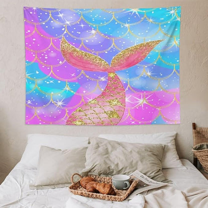 Mermaid Scales Wall Tapestry – 80" x 60" Colourful Shiny Mermaid Tail Pattern | Large Landscape Wall Hanging | Bedroom Living Room Dorm