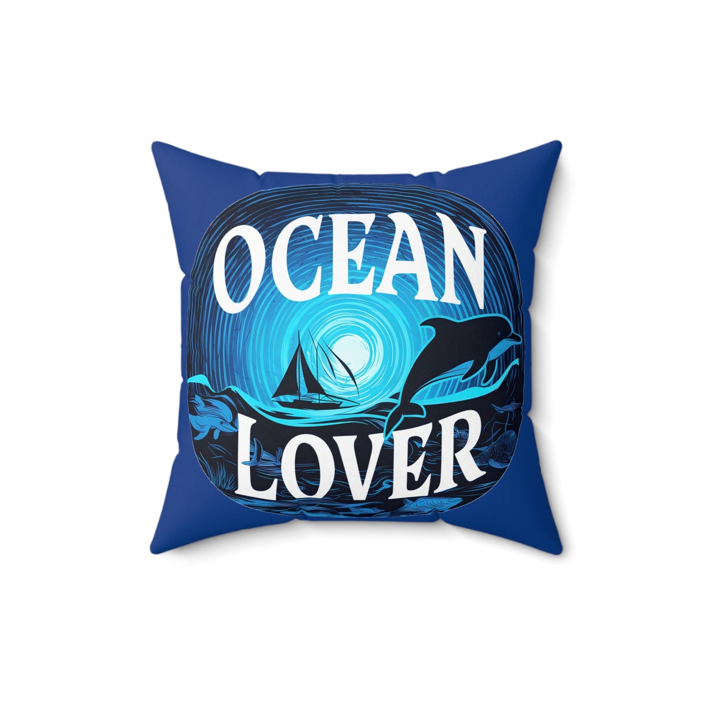 Ocean Lover Throw Pillow – Dolphins, Sailboat & Moonlit Sea Art | Deep Blue Faux Suede | Double-Sided Print | 4 Sizes | Coastal Home Decor Gift