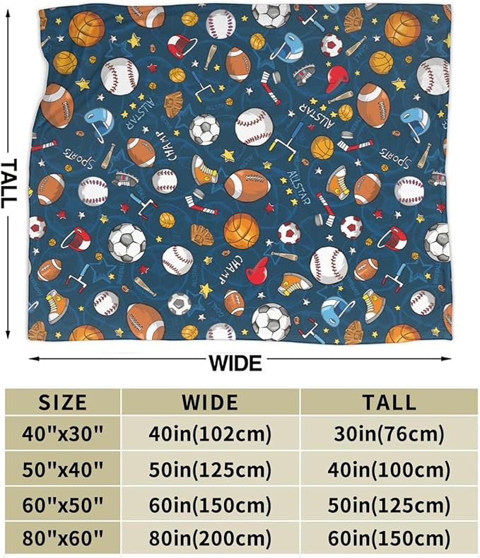 Sports Theme Fleece Throw Blanket – 60"x50" | Baseball, Football & Basketball | Soft Blanket for Kids, Boys & Sports Fans