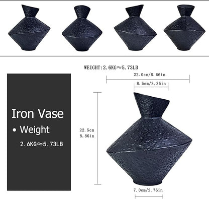 Set of dark hammered cast iron vases with angled neck, uniform hammered texture