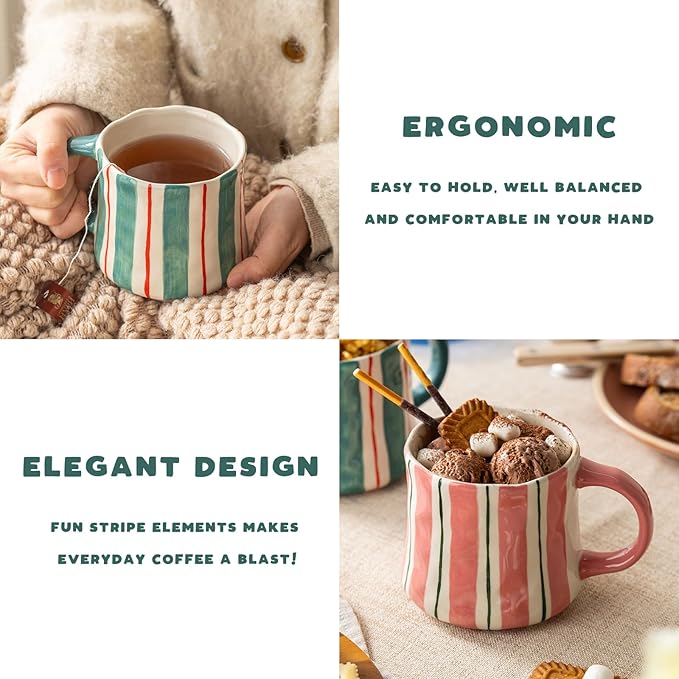 Ceramic coffee mug with teal and red vertical stripes, held in hand with comfy grip