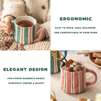 Striped ceramic mug with pink handle and vertical green lines, being held outdoors