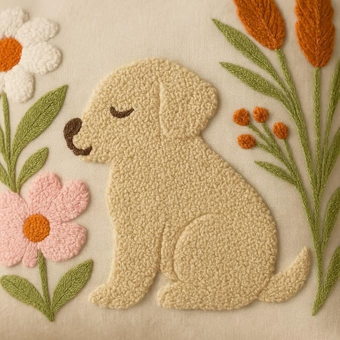 Close-up of embroidered tan dog on textured cream pillow cover with flowers