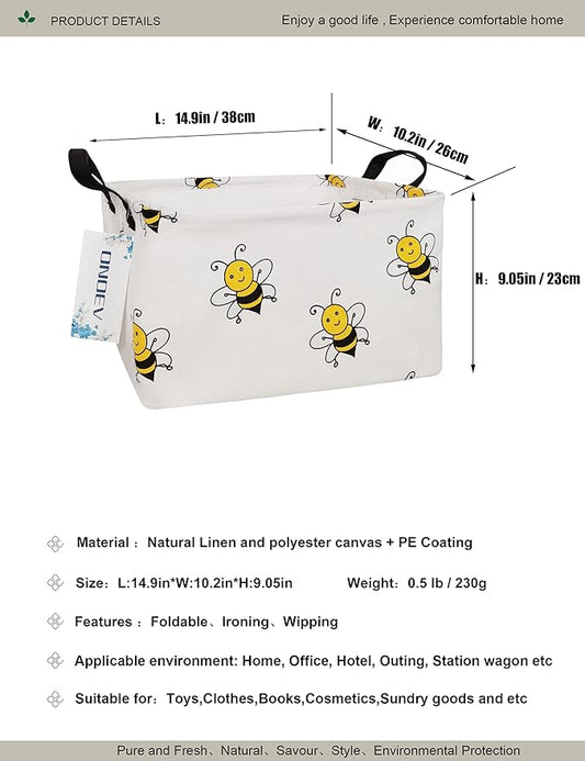 Smiling Bumblebee Canvas Storage Hamper Basket - Foldable Waterproof Bee Print Bin for Nursery, Kids Room, and Bee-Themed Gift Hampers