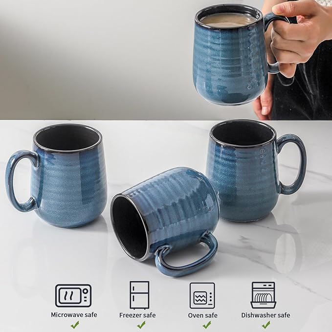 Navy Blue Modern Ceramic Coffee Mugs – Set of 4 | 12oz Non-Slip Handle | Lead-Free | Dishwasher & Microwave Safe | Coffee Gift Set