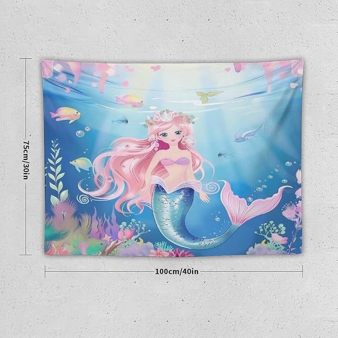Mermaid Princess Wall Tapestry – 40" x 30" Watercolour | Compact Girls Bedroom Decor | Wall Hanging | Nursery Dorm Kids Room