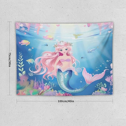 Mermaid Princess Wall Tapestry – 40" x 30" Watercolour | Compact Girls Bedroom Decor | Wall Hanging | Nursery Dorm Kids Room