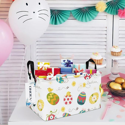 Easter Eggs Canvas Storage Hamper Basket - Foldable Waterproof Easter Egg Hunt Bin for Kids, Easter Gifts, and Spring Hamper Building