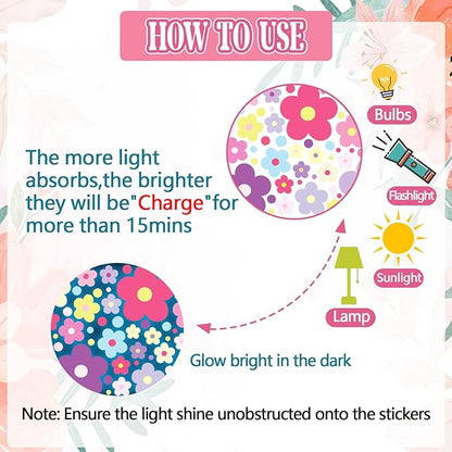Glow-in-the-dark flower wall sticker set instruction graphic with charging and light icons