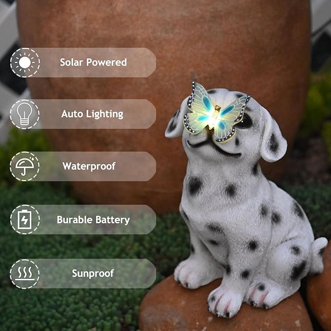 Dalmatian Solar Garden Statue with LED Light - Black and White Resin Outdoor Decor