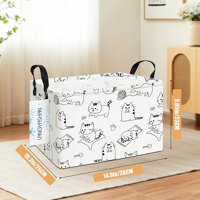 Cat-printed rectangular canvas storage bin with dual handles for organizing toys