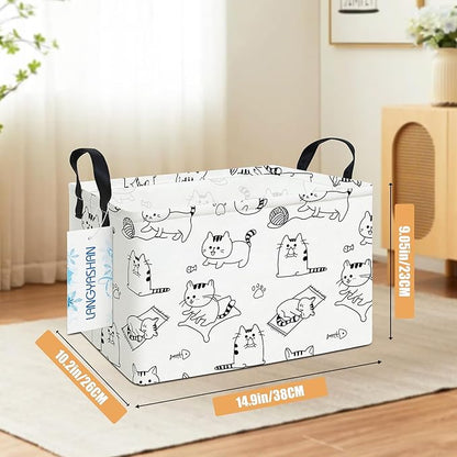 Cat-printed rectangular canvas storage bin with dual handles for organizing toys