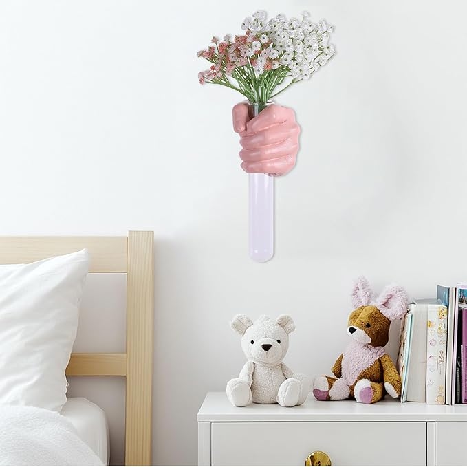 Pink Hand Wall Vase Sculpture - Modern Resin Wall Art with Test Tube Vase for Flowers, Plants, and Decorative Branches