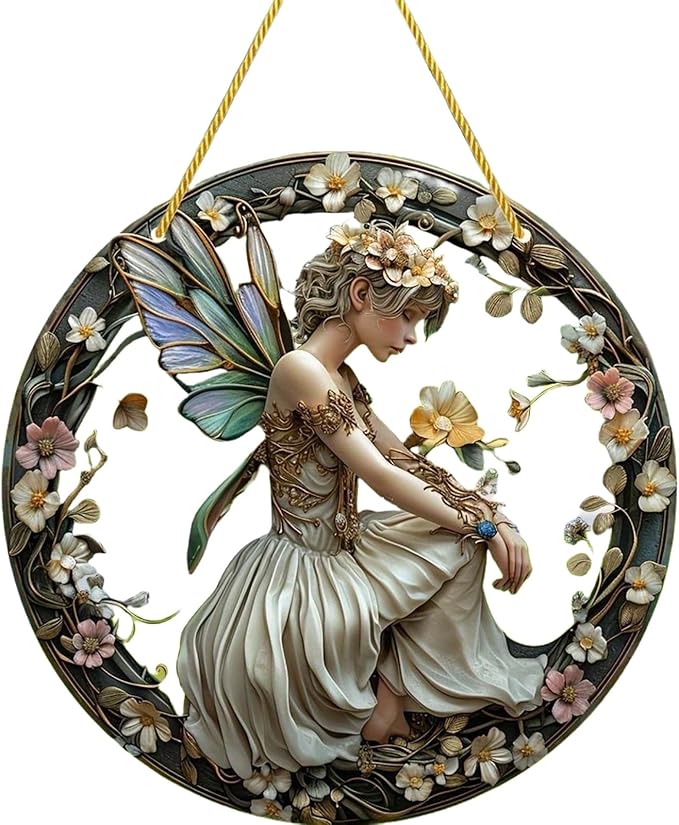 Round acrylic hanging ornament with a seated fairy, iridescent wings, and flower border