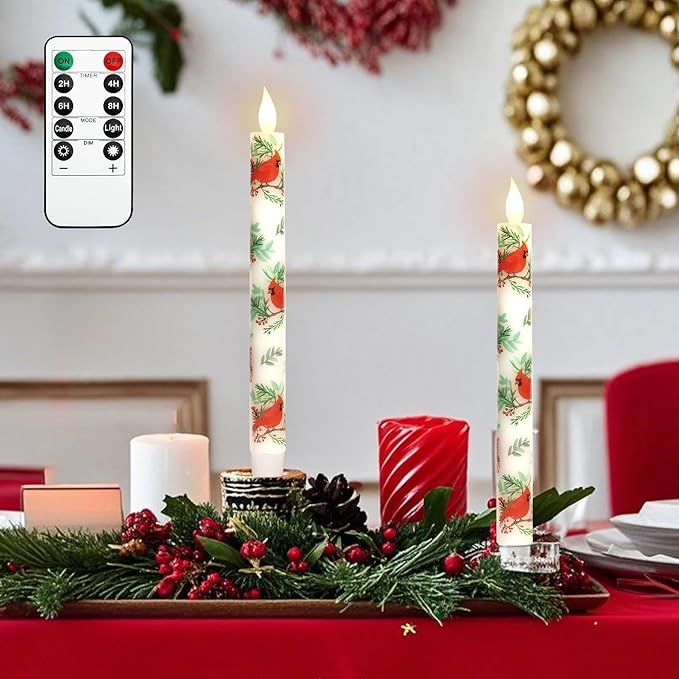 LED taper candles with remote, white cardinal-and-leaf print, warm light for holiday decor.