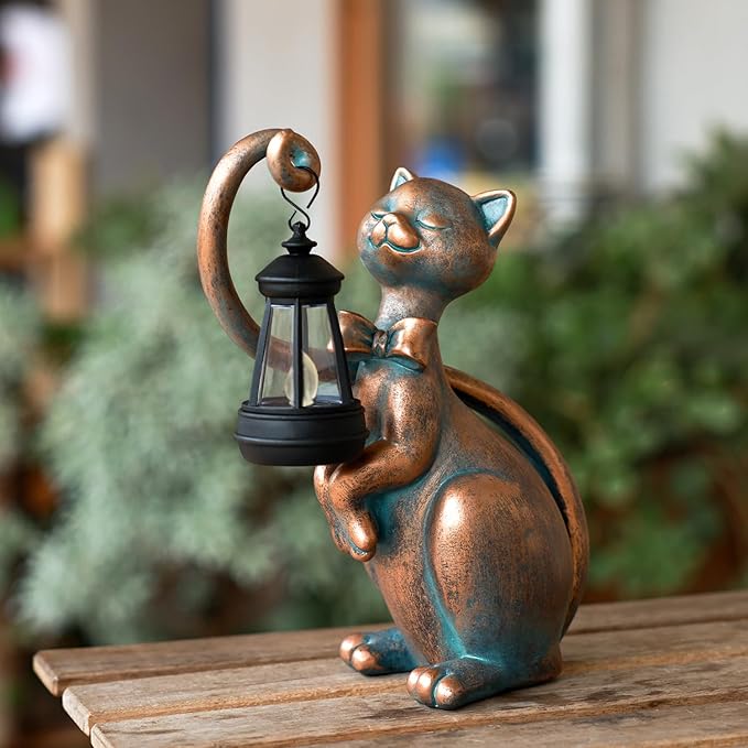 Solar Cat Garden Statue with LED Glow - 10.7-Inch Weatherproof Resin Decor
