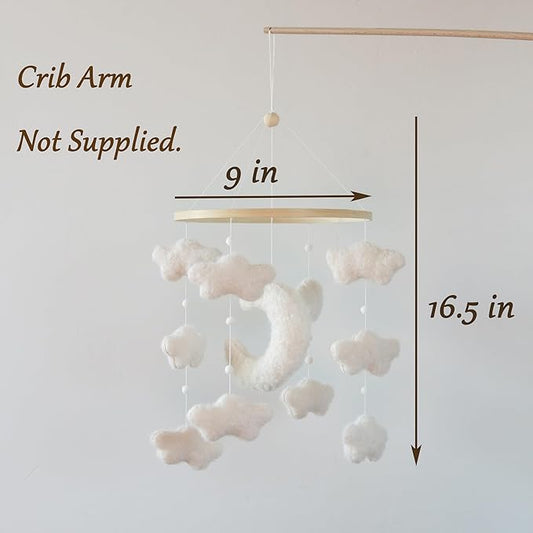 Crib moon mobile with white plush moon, cloud stars, and wooden hanging ring