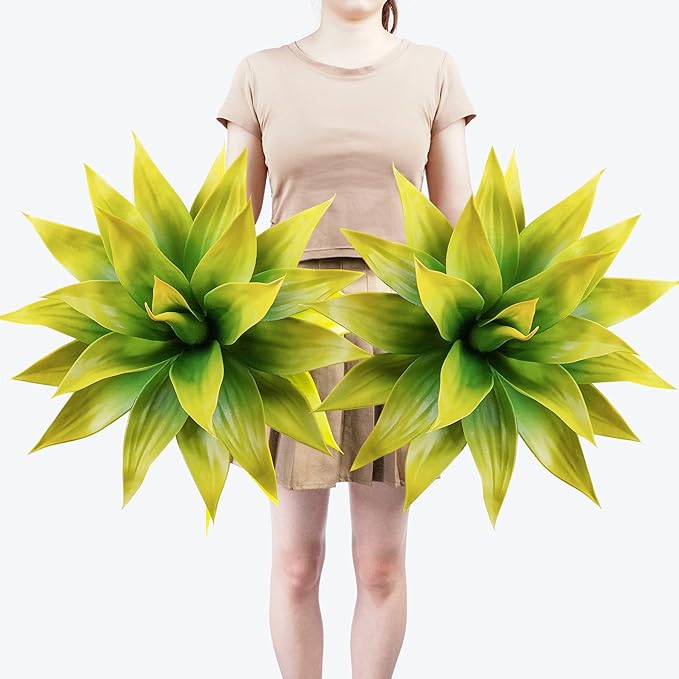 Faux agave plant set with yellow-green spiky leaves, two plants in pots