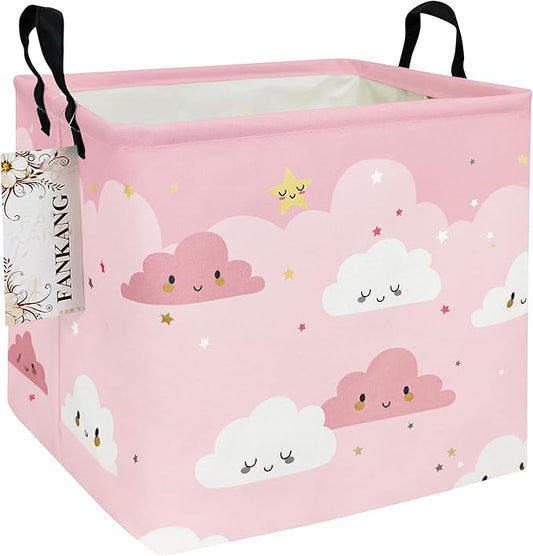 Pink Cloud Canvas Storage Bin - Foldable Waterproof Nursery Basket for Girls Room, Toys, and Baby Shower Gifts