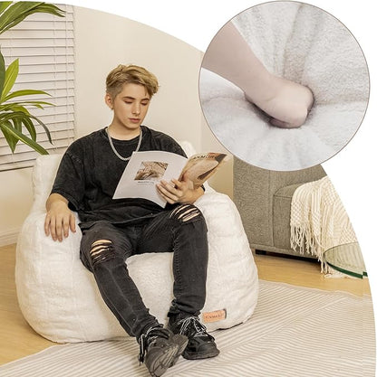 White Faux Fur Memory Foam Bean Bag Chair - Tufted Cloud Lounge Chair with Armrests for Reading Nook, Bedroom, Living Room, and Dorm