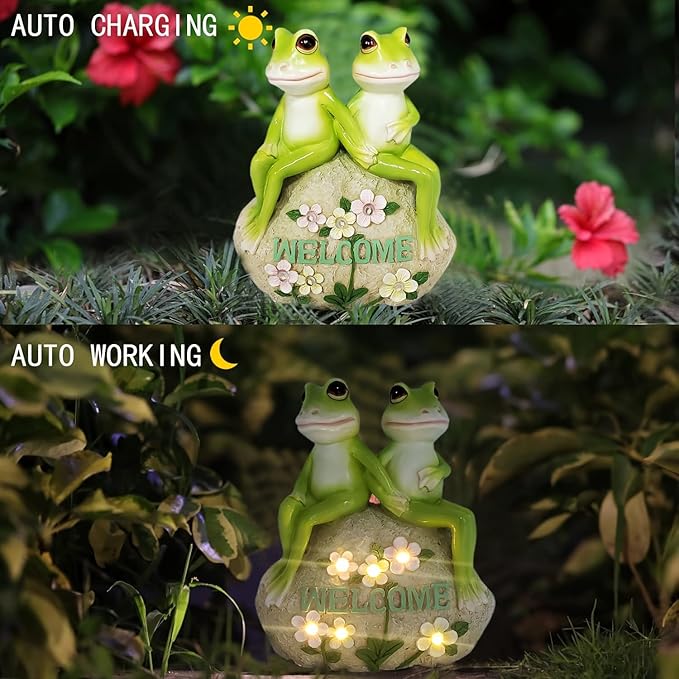 Frog Couple Solar Garden Statue with LED Flowers and Welcome Sign