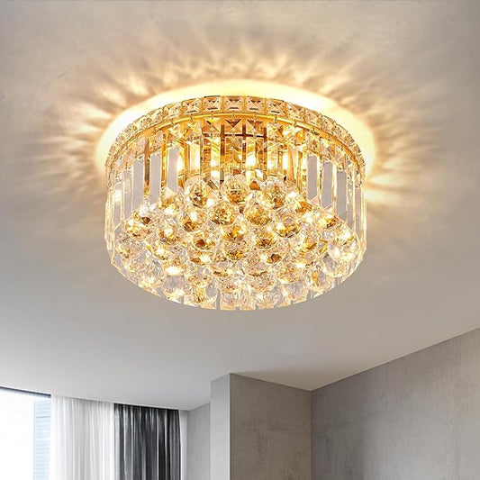 Round gold flush-mount chandelier with K9 crystal prisms and crystal drops