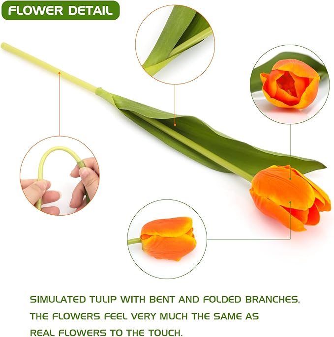 Artificial tulip stems with green leaves and orange flower heads, bundle detail