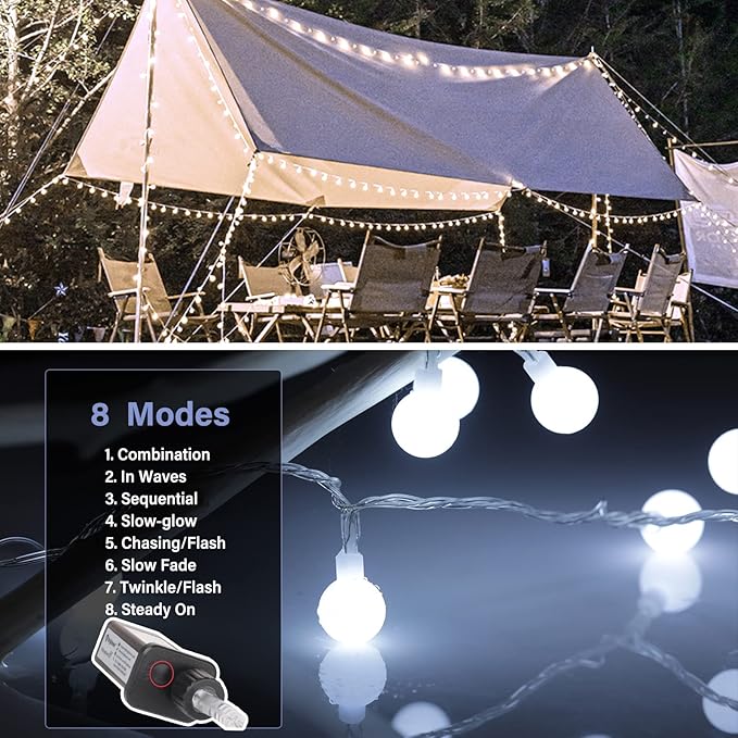 Pure White Globe String Lights – 66ft 200 LED | IP44 Waterproof | Remote Dimmer Timer 8 Modes | Indoor Outdoor Party Wedding Garden Christmas