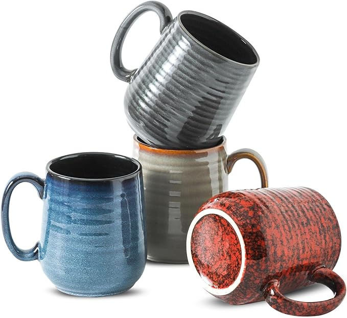 Colorful Rustic Stoneware Coffee Mugs – Set of 4 | 12oz Vibrant Chip-Resistant Cups | Dishwasher & Microwave Safe | Coffee Gift Set