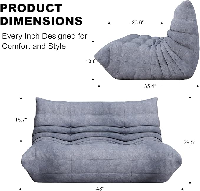 Grey Ripple Loveseat Floor Sofa - Togo-Style Foam Lounge Sofa with Wave Profile for Living Room, Reading Corner, and Modern Interiors