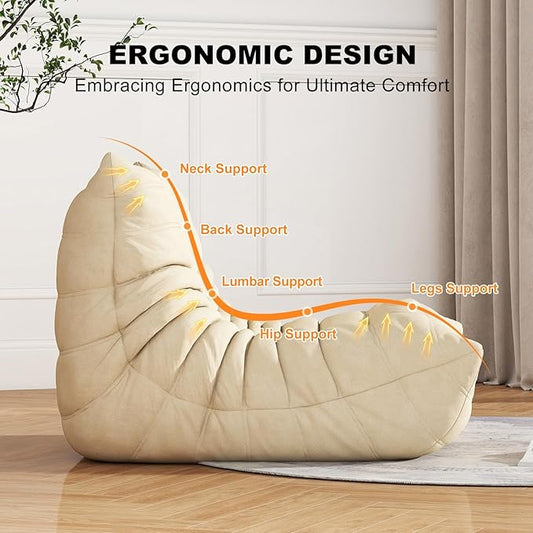 Cream Ripple Single Floor Lounge Chair - Togo-Style Solo Foam Seat for Reading Nook, Nursery, Living Room, and Quiet Moments for One