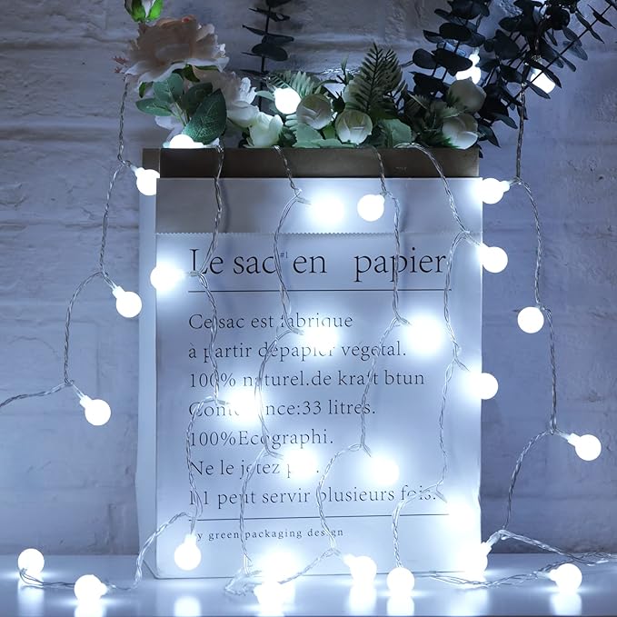 Pure White Globe String Lights – 33ft 100 LED | IP44 Waterproof | Remote Dimmer Timer 8 Modes | Indoor Outdoor Party Wedding Garden Christmas