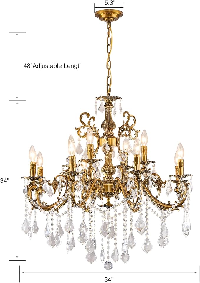 Antique gold crystal chandelier with adjustable chain and candle-style bulbs