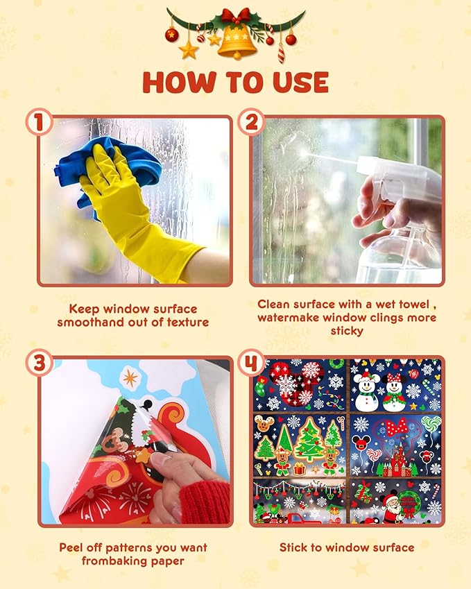 How to use Christmas window clings: clean, spray, peel, and stick to glass