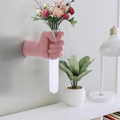 Pink Hand Wall Vase Sculpture - Modern Resin Wall Art with Test Tube Vase for Flowers, Plants, and Decorative Branches