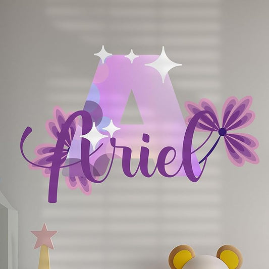 Purple floral name wall decal with butterfly and star accents