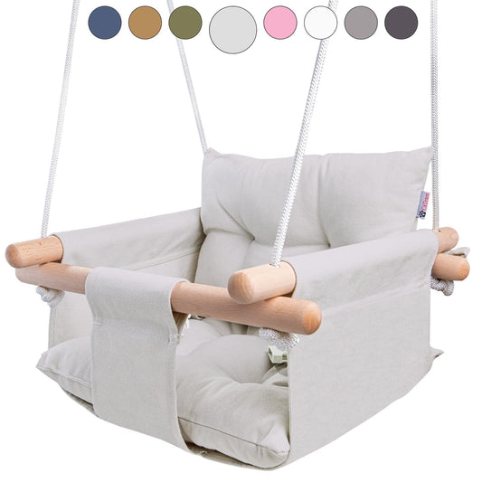 Gray canvas baby hanging swing seat with padded cushions and wooden support bars