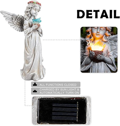 Solar Angel Garden Statue Holding Dove with Glowing Light - Resin Waterproof Outdoor Decor
