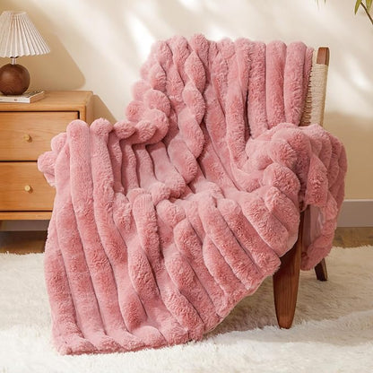 Pink Faux Rabbit Fur Throw Blanket – 50"x60" | 770GSM Double-Sided Luxury Fluffy Blanket | 3D Striped Plush Couch Throw for Women