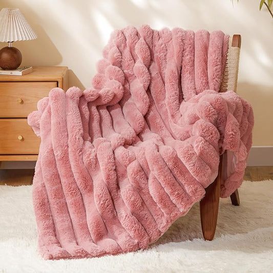 Pink Faux Rabbit Fur Throw Blanket – 60"x80" | 770GSM Double-Sided Luxury Fluffy Blanket | 3D Striped Plush Throw for Two
