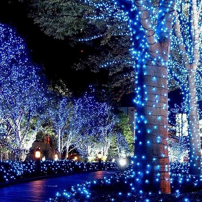 Blue mini LED string lights outlining trees and lining a garden walkway