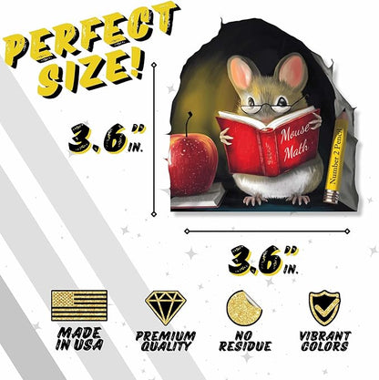 Mouse reading red book wall sticker with red apple and yellow pencil, printed design.