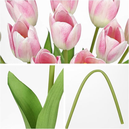 Close-up of pink faux tulip blossoms with green stems and leaves